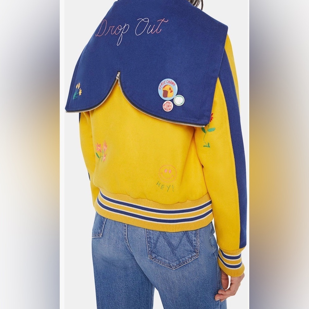 RARE MOTHER Split Hood Varsity Jacket Embroidered Yellow NWT In Orig. Packaging - Picture 2 of 16